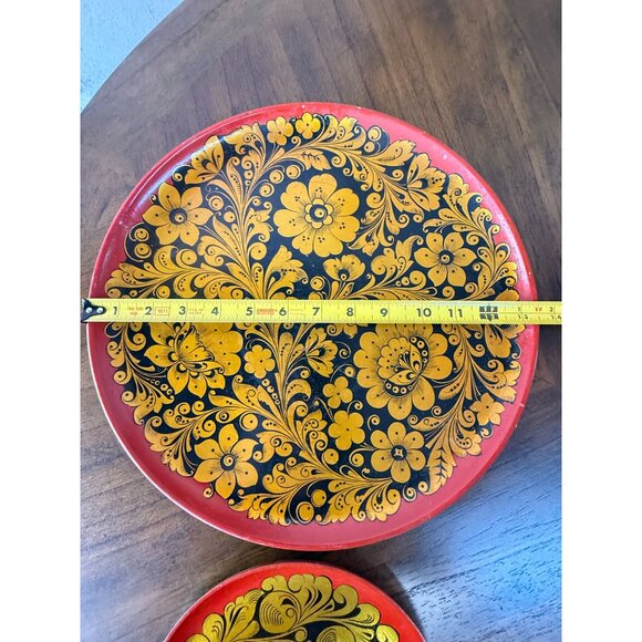 Vintage Russian Made in USSR Laquered Plate Gold Black Wooden Ware Folk Art READ - Picture 8 of 14